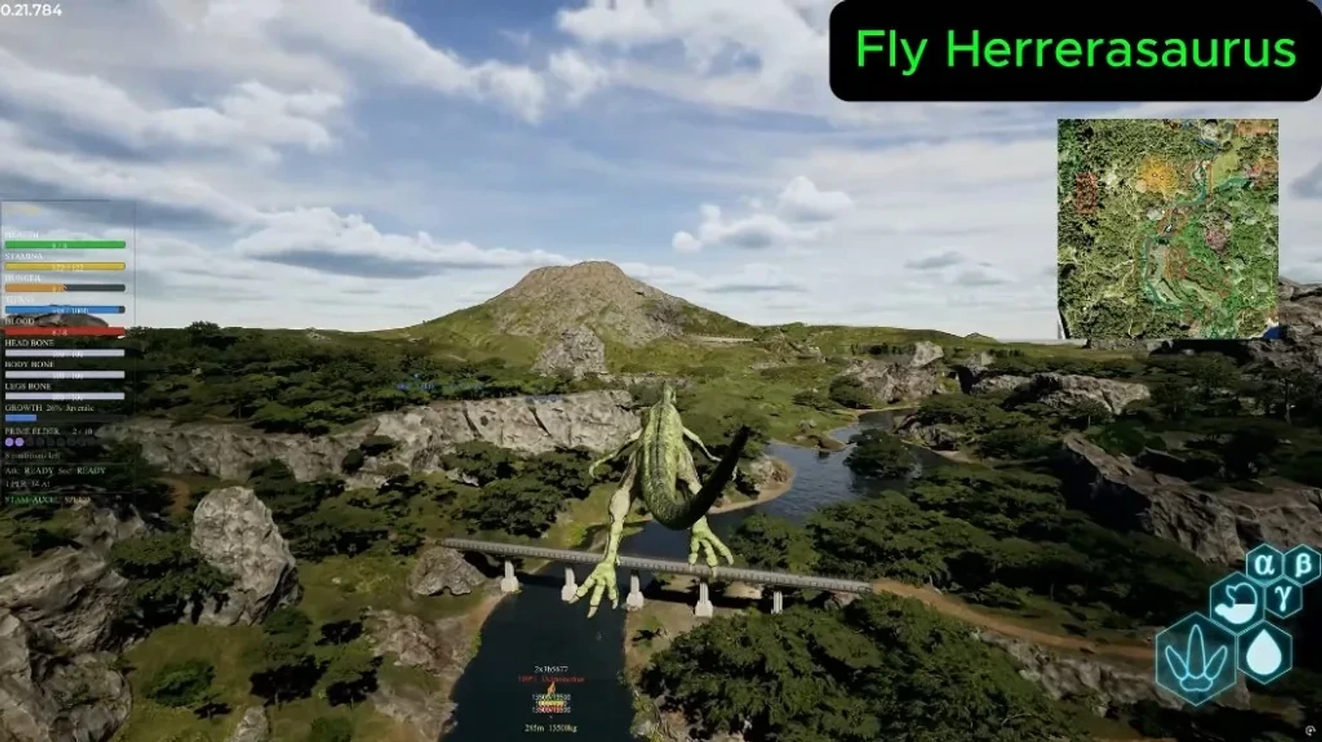 The Isle Evrima Herrerasaurus using fly over a valley, with a minimap and distant player ESP text.