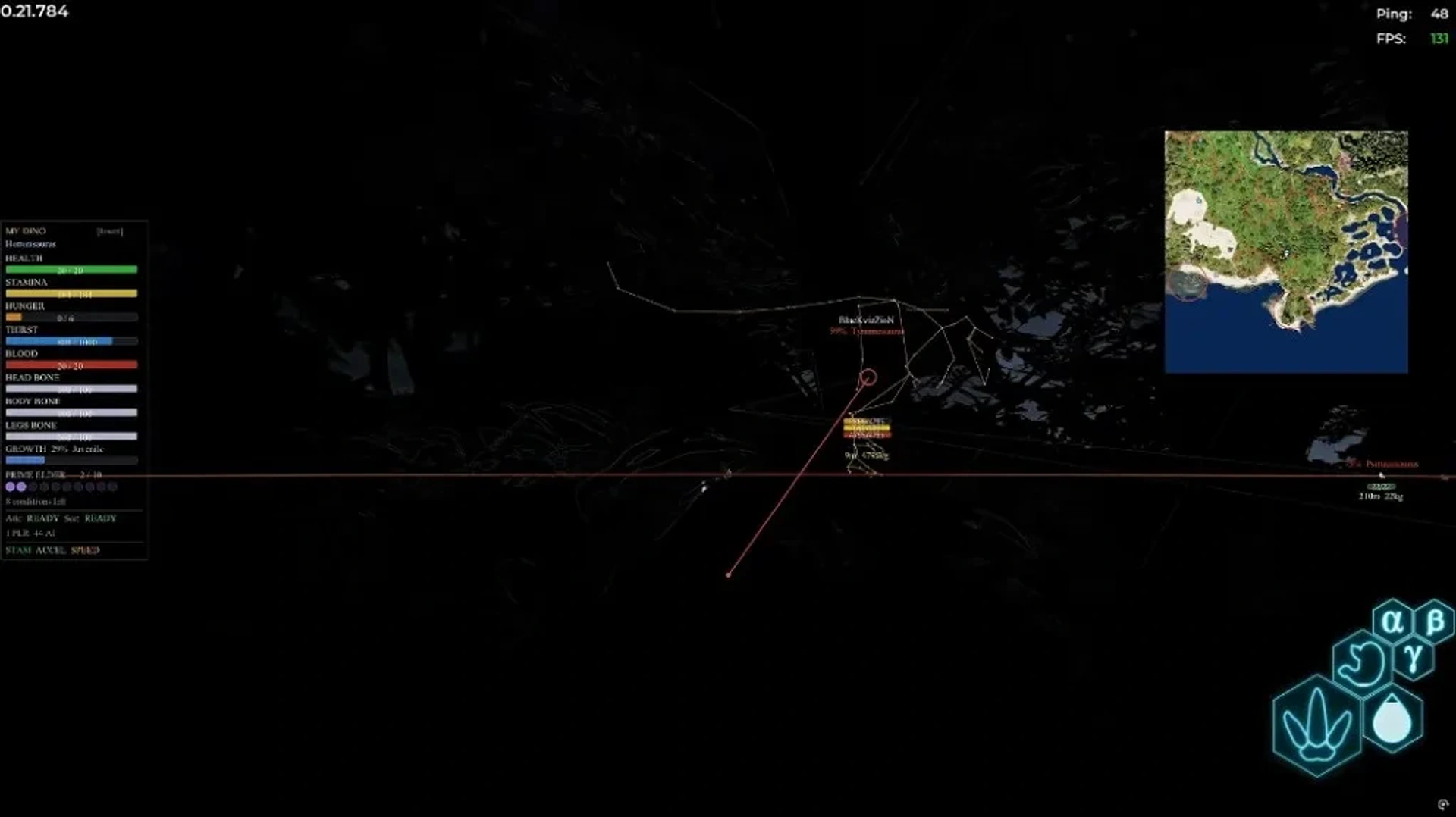 The Isle Evrima night scene with wireframe dinosaur ESP, tracers, player labels, and a minimap.