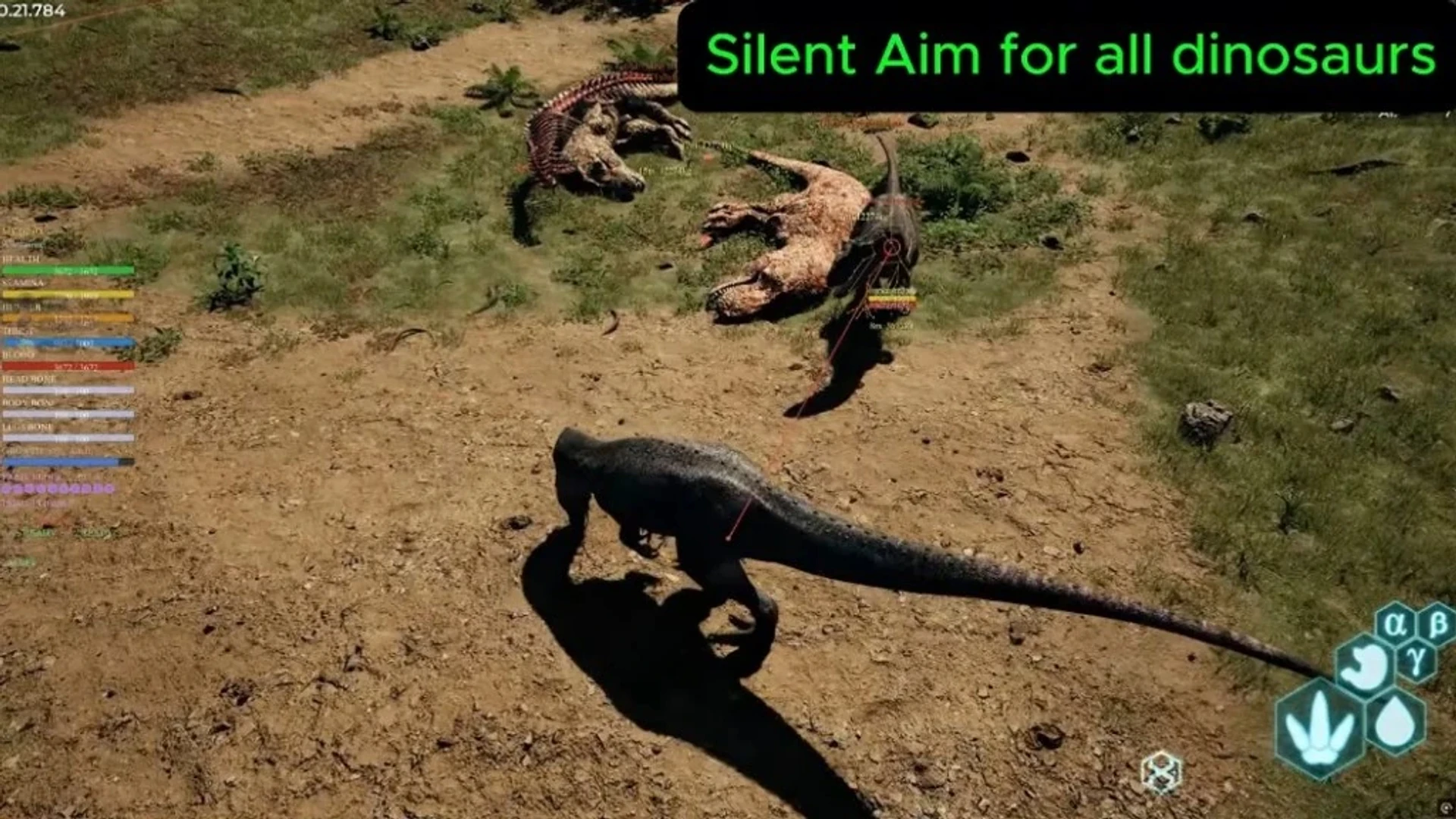 The Isle Evrima gameplay with silent aim on nearby dinosaurs, player ESP labels, and a stats panel.