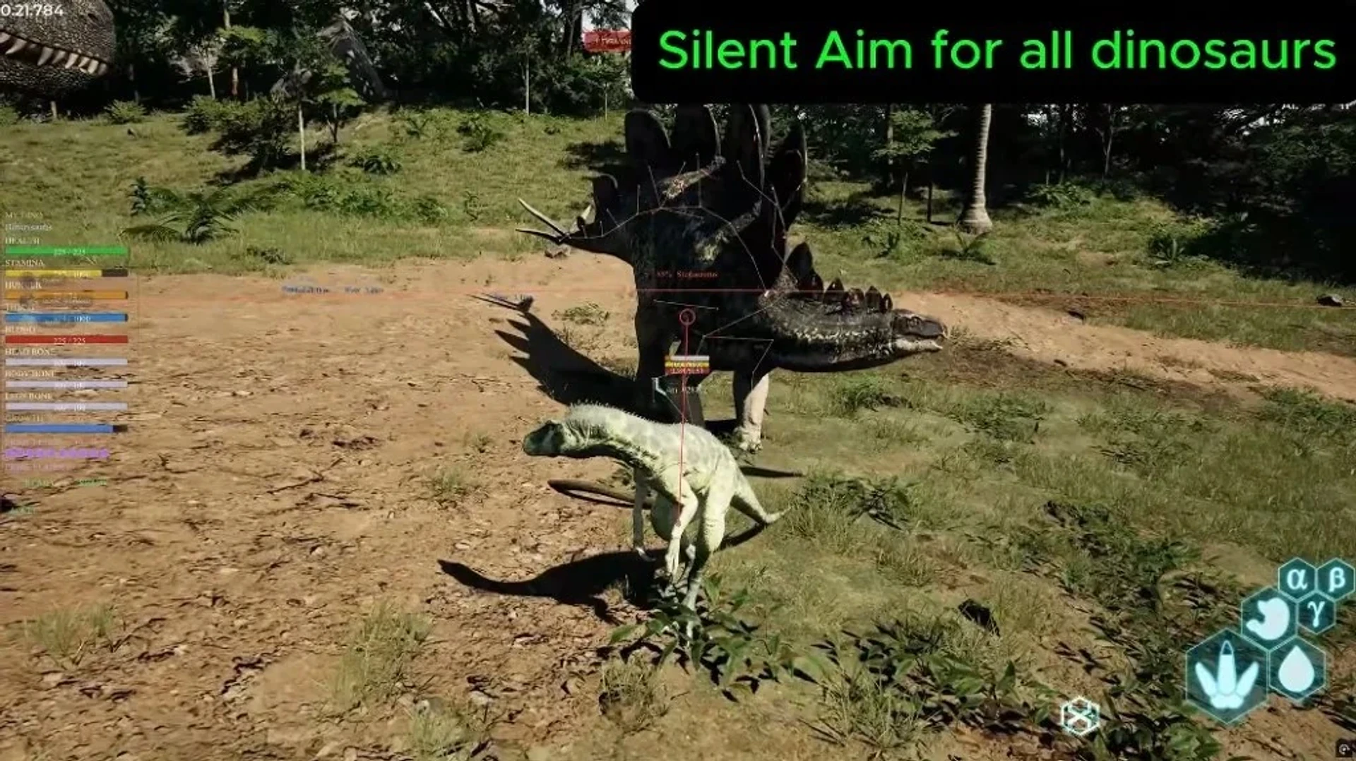 The Isle Evrima Stegosaurus with a silent-aim reticle, skeletal ESP overlay, and dino stat bars.